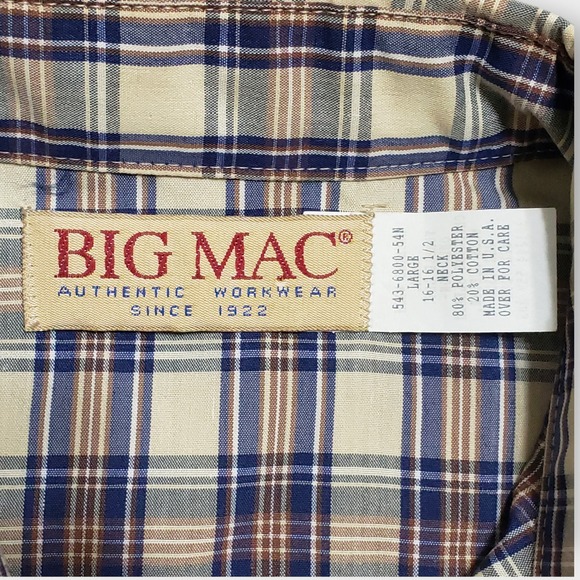 Big Mac Vtg Plaid Work Utility Shirt Large Tan Blue Brown Sz 16-16.5 USA - Picture 5 of 10